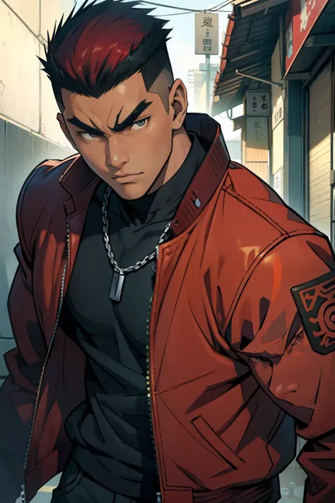 male，1 boy，young and handsome，exhibit，Flat top short hair，dark skin，Japanese cartoons，alone，male焦点，robust，credibly，Feeling，Thick eyebrows，hatchet man，Leather jacket