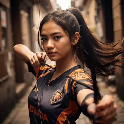 70mm, ISO100, f/2.8, 1/320s, Indonesian female archer in kingdom age with fighting skills, wearing jersey tittled "Dinda Regarsport", ponytail hairstyle, in a narrow space In the alleyway, the dynamic gesture flow effect, only to see the majestic scale of ...