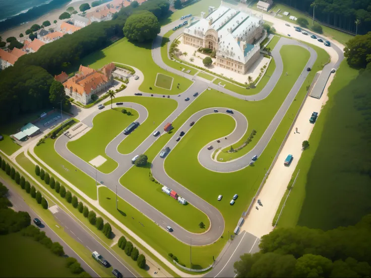 a view of a track with a lot of cars on it, a mansion house near by, all on an island with beautiful  beach view