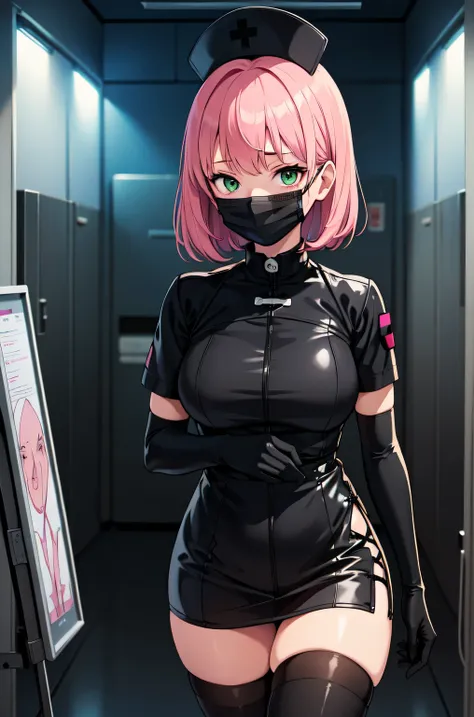 black nurse, 1girl, solo, black nurse cap, black nurse uniform, ((black legwear, zettai ryouiki)), black elbow gloves, pink hair, green eyes, drooping eyes, ((black surgical mask, covered nose)), standing, ((surgery room)), sharp outline, short sleeves, be...