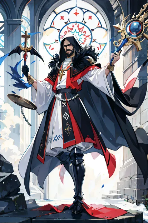 one man, 70 year old mage with a full beard, black hair, black beard, with white cloak, In full medieval plate armor, white cloak, vampire hunter d style, flat, 2D, full body shot, rosary for necklace, catholic, cool pose, gauntlet, medieval staff,full bod...