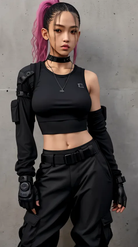 a woman in black top and cargo pants posing for a picture, tech wear woman pictures, black costume, cargo pants. cyberpunk city, Techwear looks and wear, All black cyberpunk clothes, casual black clothes, wearing black modern clothes, Summer all over the b...