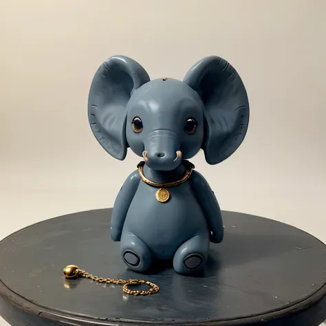 Realistic,Elephant doll,cute,blue gray skin,small black dot eye,wearing gold necklace,on white table,white background,long tail,