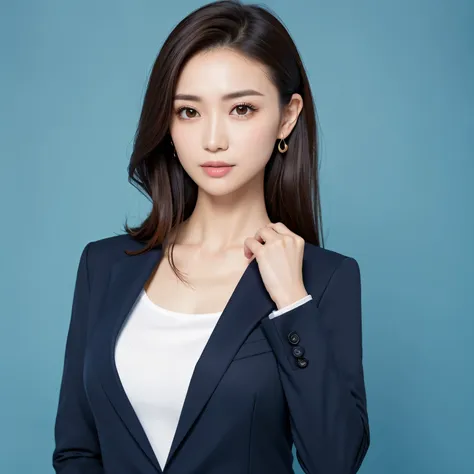 (highest quality、table top、8K、best image quality、Award-winning work)、1 beautiful woman、straight medium hair、(perfect dark navy suit:1.4)、(The most accurate and natural business suit:1.4)、Polyester shirt、emphasize body line、perfect composition、beautiful and...