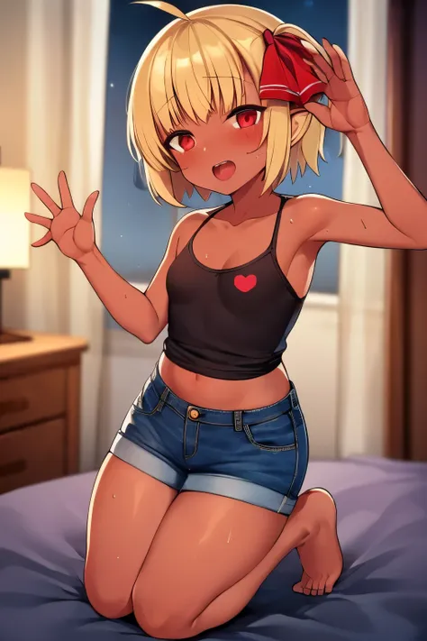 2d，highest quality，(masterpiece)，(full body)，rumia，blonde，1 girl，，young，small ears，healthy dark skin，黒のdenim hot pants，tank top，...