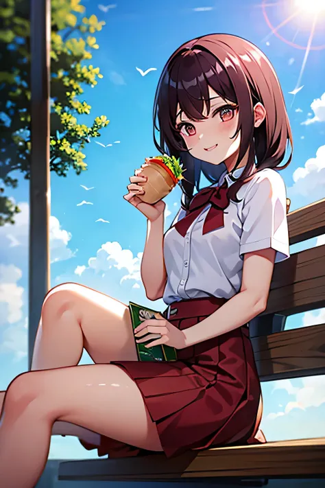 (highest quality, masterpiece), 1 girl smiling, (sit on a bench and eat a hamburger)、garden、Upper body