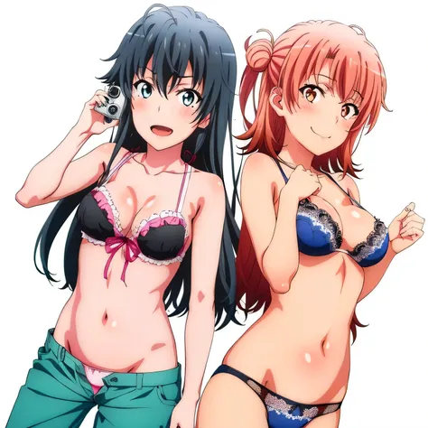 2 girls , Yukinoshita Yukino , yuigahama yui'the bust is amazing,In underwear,close your face,(white panties:1.0),(red ribbon on pants),(pink panties),pussy cameltoe,thighs,(high angle:1,0),beautiful eyes,open your mouth,smile,look at the camera,camera...