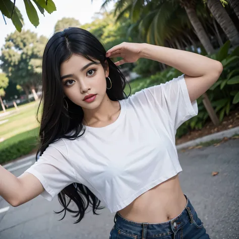 (((desi girl))), chubby face, natural skin, wearing red crop top and black jeans, charming black hair, ((hair ends are blonde)), at beach, bokeh