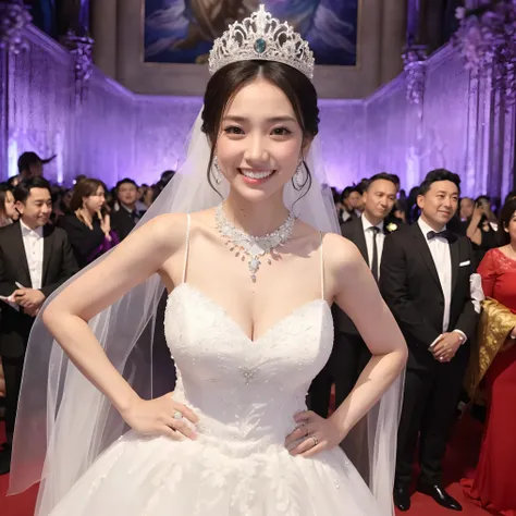 (table top、highest quality、8K、Award-winning work、ultra high resolution)、one beautiful bride、(perfect superlative huge wedding dress:1.1)、(Luxury wedding dress with plenty of jewels:1.1)、(Huge jewelery finest tiara:1.3)、(Huge jewelry finest necklace:1.3)、(p...