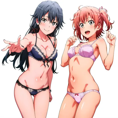 2 girls , Yukinoshita Yukino , yuigahama yui&#39;the bust is amazing,In underwear,(white panties:1.0),(red ribbon on panties),(pink panties),pussy cameltoe,thighs,(high angle:1,0),beautiful eyes,open your mouth,smile,look at the camera,camera up to head