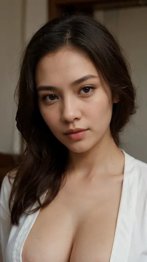 ((best quality)), ((masterpiece)), (detailed), perfect face Javanese girl wearing white unbuttoned shirt, show most cleavage