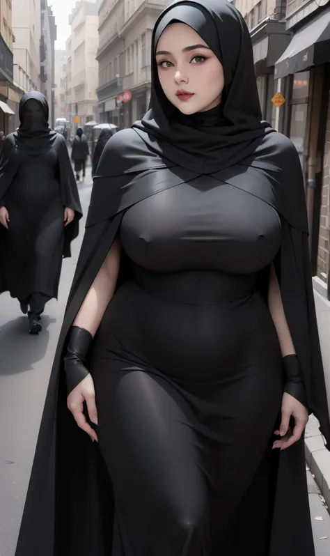 woman in black dress and hijab walking down the street, wearing black clothes and cape, hijab outfit, with a long black cape, hijab fashion model, plus size, plus size woman, wearing black robe, woman in black robes, beautiful burqas woman, thicc, black ou...