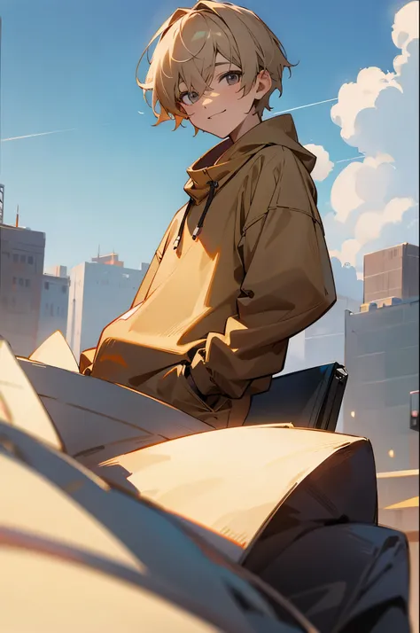 1boy, smiling face with face focus, beautiful accurate gray eyes, short blonde hair, wearing brown sweatshirt, body is well proportioned, his in the neighborhood, looking at viewer, high resolution, ultrasharp, 8k, masterpiece