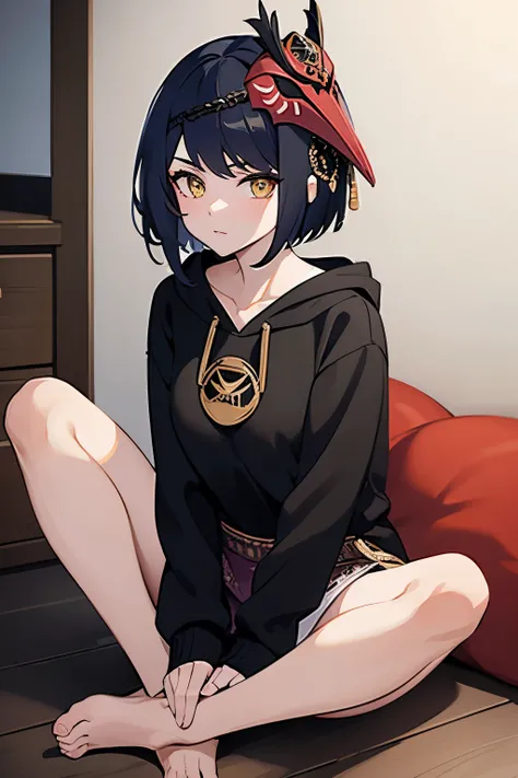 woman, kujousaradef, black hair, short hair, golden eyes, casual outfit, black hoodie, bare legs, sitting, sitting cross legged