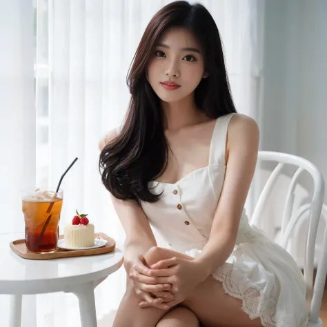 araffe woman sitting on a chair with a cup of tea and a cake, beautiful asian girl, gorgeous young korean woman, anime thai girl, beautiful young korean woman, beautiful south korean woman, korean girl, a young asian woman, a cute young woman, cute young w...