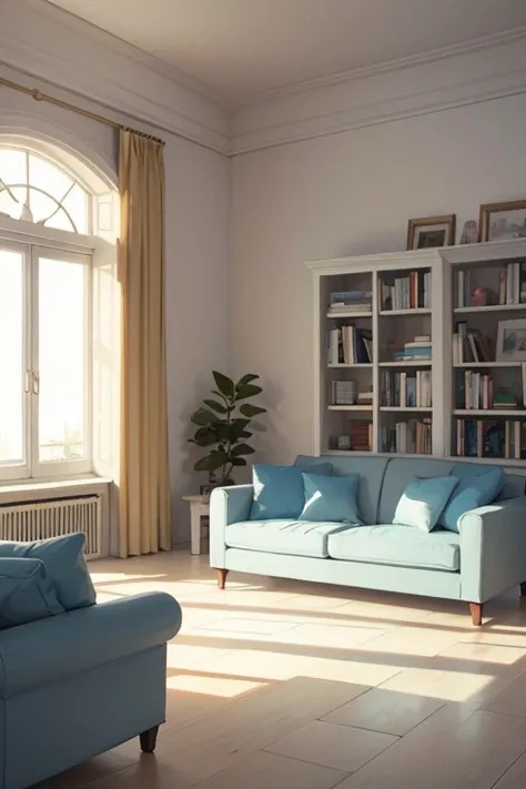 anime style illustration, Morning light, italian style living room, white wall, white floor, White Bookcase, light blue sofa, Calm time, tree outside the window々, sunlight filtering through the trees