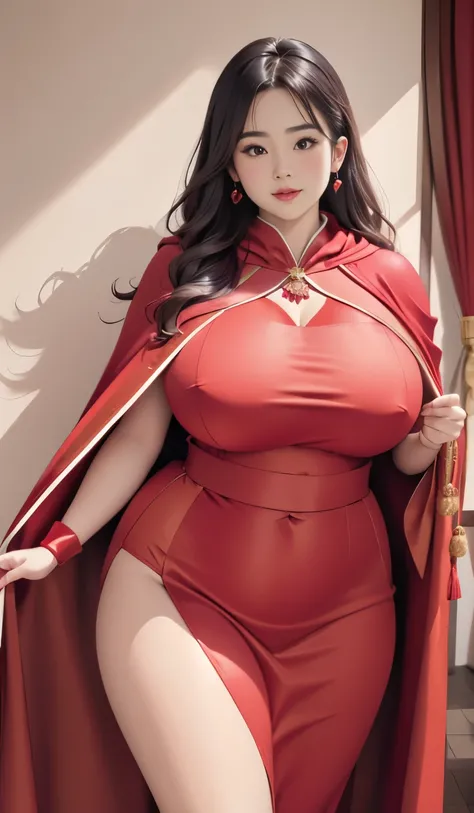 araffe dressed in a red dress and a red cape, dressed in a beautiful red cloak, thicc, bbwchan, mighty plump female sorceress, fully clothed in red robes, giant stunning goddess shot, japanese goddess, bright red cape on her back, oppai, with cape, wearing...