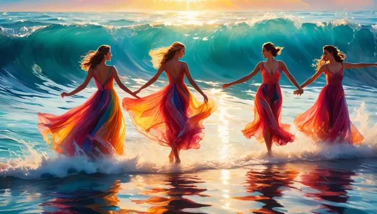 (best quality,8k,realistic),abstract,people dancing on the sea surface,detailed water reflections, vibrant colors, dynamic poses, flowing dresses, sunlight shining through the waves, joyful atmosphere, crisp details, immersive background