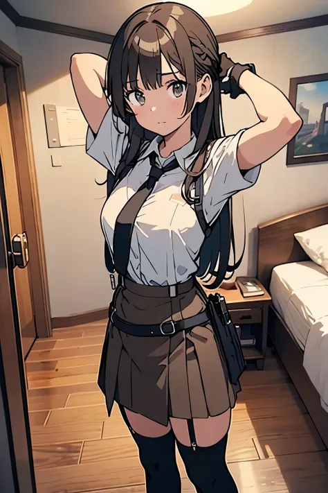 brown hair、looking at the viewer　　suspenders　　　big swollen breasts　　 　 　　　　black mini skirt　garter belt　knee high socks　　　　　　Aerial perspective　　　small face　bangs 　　　　　Beauty　　hands up　　 　sideways view 　black boots 　provocation　　　one person 　　　　　　hands beh...