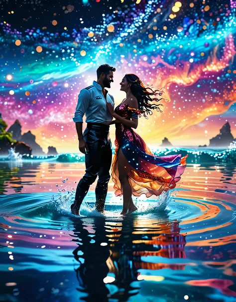 (best quality,8k,realistic),abstract, fantasy, sci-fi, space, people dancing on the sea surface,man and woman, detailed water reflections, vibrant colors, dynamic poses, flowing dresses, joyful atmosphere, crisp details, bokeh, sparkles, water splashes, im...