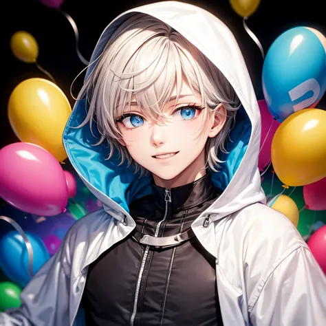 ((worst quality, low quality)), muste piece,best quality,Super detailed,masterpiece, face focus,20 year old handsome man, solo, white hair, (beautiful long blue eyes:1.4), white hoodie, Wearing a hood, (best smile:1.2), (Casino background with many balloon...