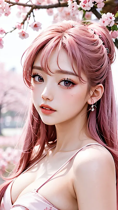 pink korean cherry blossom elegant makeup, pink and white colours
