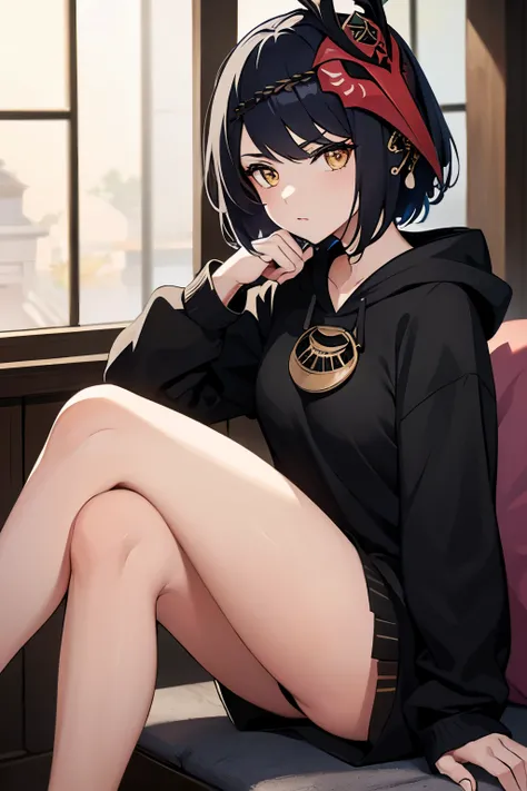 woman, kujousaradef, black hair, short hair, golden eyes, casual outfit, black hoodie, bare legs, sitting, sitting cross legged