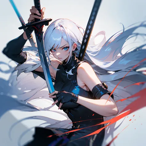 female assasin with long white hair, 1 blue eye and 1 black eye, used 2 swords, see the whole body, hd