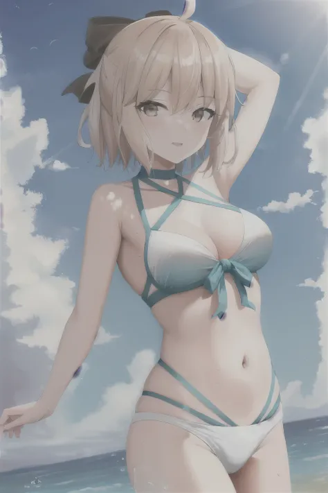 masterpiece, best quality,extremely detailed CG unity 8k wallpaper,
1girl,okita souji (fate), swimsuit,bikini,
 