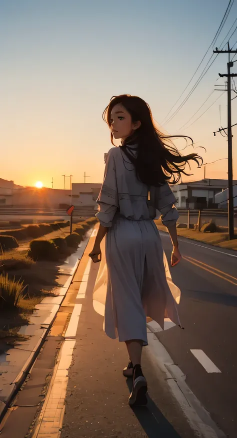 araped woman with long hair walking down the street at sunset, style of alena anami, ahead of sunset, beautiful girl on the hori...