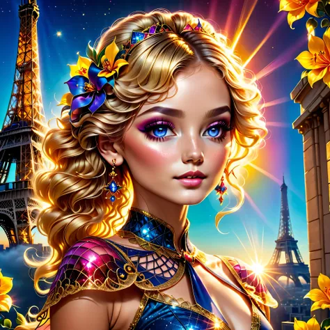Sunset sunshine, max best lighting, detailed background geometric multidimensional deep path equirectangular night cooling tower eiffel earring, denim lens, standing, sexy epic gorgeous flirt flower, tmasterpiece RAW nsfw naked, UHD, HDR, long curly deep b...