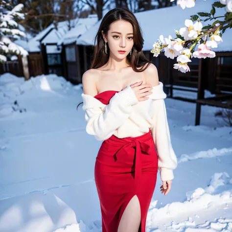 ((top quality、8k、​Masterpiece:1.3))、Extremely delicate and beautiful girl，full-body shot，huge breasts，bigger breasts，amazing breast size，G cup。Wear big earrings，Very white skin，moist red lips，Waist is very thin，Thighs are very thin，big butt，fair and smooth...