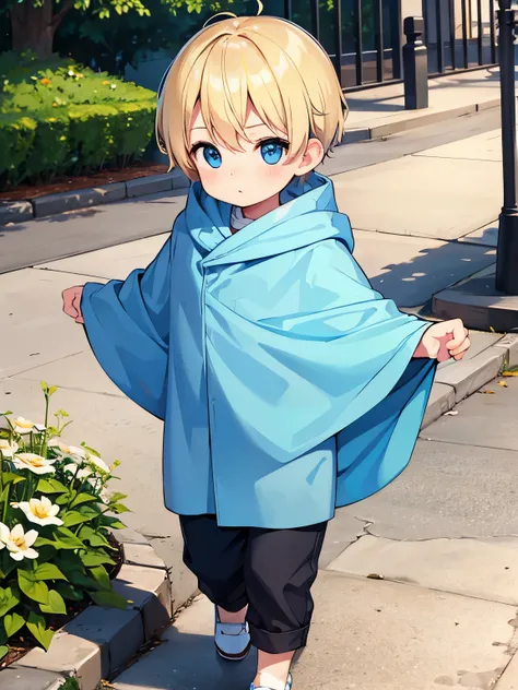 Baby boy,1 years old,Short blonde hair, blue eyes, super cute, very cute, wearing a blanket, walking