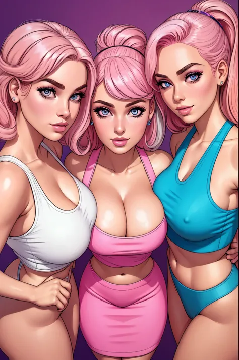 retro-futuristic,  80s aesthetics, tanktop (pretty face, detailed face and eyes), perfect ,  medium breasts,, (((3girls))), (group photo), (nsfw), (25 years old), (caucasian girl, american girl), ((pink hair)) 