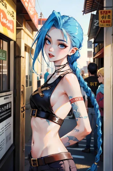 jinx (league of legends), (milf:1.6),(adult),(adult body) ,small breasts,  pixar style, The face is red，shy，alone, give, twin braids, long hair, Surprised eyes,Tattoo, piercing, Leather belt, bijouterie, earring, (Wide-open eyes:0.9),View viewer, arm Tatto...