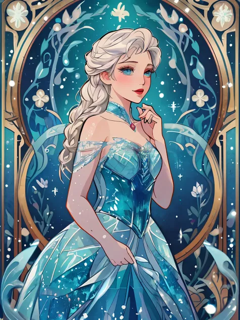 Frozen Disney, art nouveau curves, illustration, art nouveau, game card