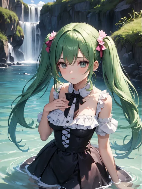 1 girl, alone, hair ornaments, green hair, twin tails, long hair, dress, water