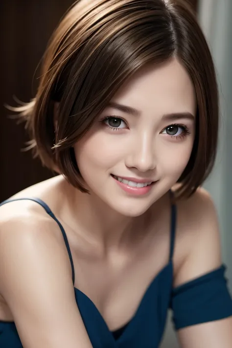 8K, highest quality, masterpiece, realistic, Super detailed, ((1 girl)), cute, (smile), (closed mouth), detailed beautiful eyes, (short hair), bob hair, (Upper body), front, very delicate and beautiful, small details,Blue tops, view audience