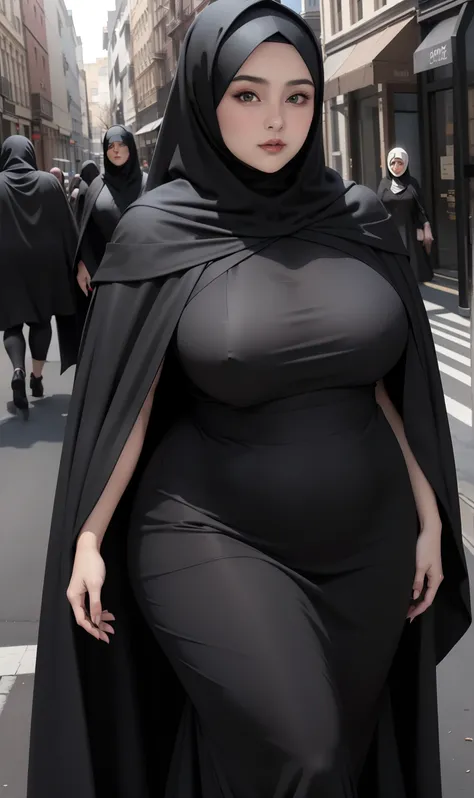 woman in black dress and hijab walking down the street, wearing black clothes and cape, hijab outfit, with a long black cape, hijab fashion model, plus size, plus size woman, wearing black robe, woman in black robes, beautiful burqas woman, thicc, black ou...