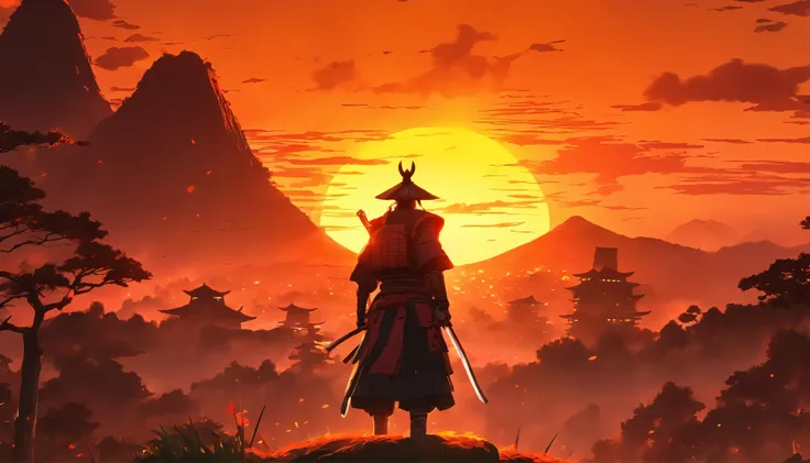 Samurai stands at sunset in Japan and looks out in the distance, in dynamics, altamente detalhado, Repleto de detalhes escondidos, Estilo, high dynamic range, hyper realistic, dramatic light, Realistic attention to detail, altamente detalhado, 8k, UHD