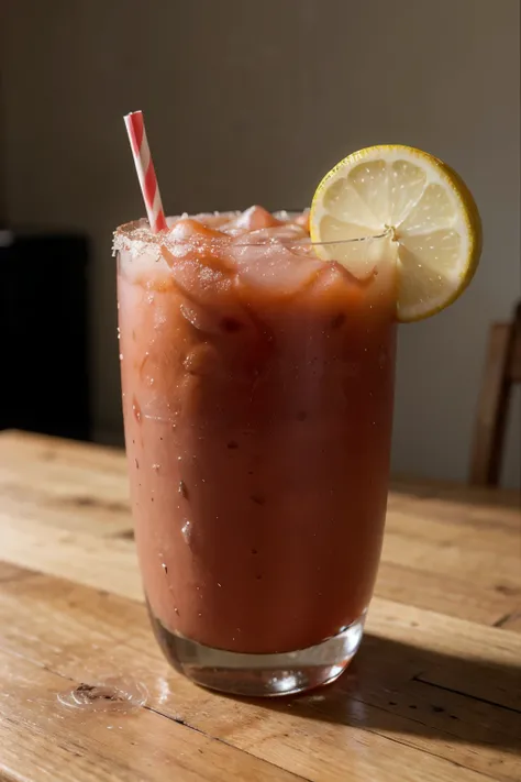 michelada roja de fresa con azucar en los bordes del vaso y gotas en el vaso
