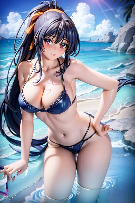 figura pvc de chica anime en bikini posando en el agua, chica seductora anime, hermosa y seductora mujer anime, en la playa, her...