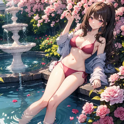 top-quality、Full limbs、complete fingers、Beautiful 25 year old woman、Slender beauty、poneyTail、Medium hair、Brown hair、Raw feet、bikini in pink color、Beautiful Large Breasts、flower garden、lawn、Rose Garden、The fountain