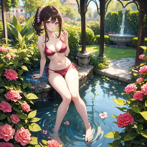 top-quality、Full limbs、complete fingers、Beautiful 25 year old woman、Slender beauty、poneyTail、Medium hair、Brown hair、Raw feet、bikini in pink color、Beautiful Large Breasts、flower garden、lawn、Rose Garden、The fountain