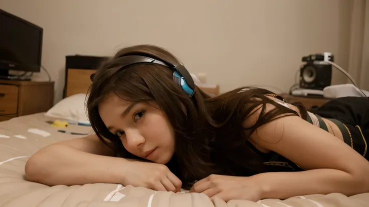 a cute girl listing music with hedphons siting on the bed side view with headphone