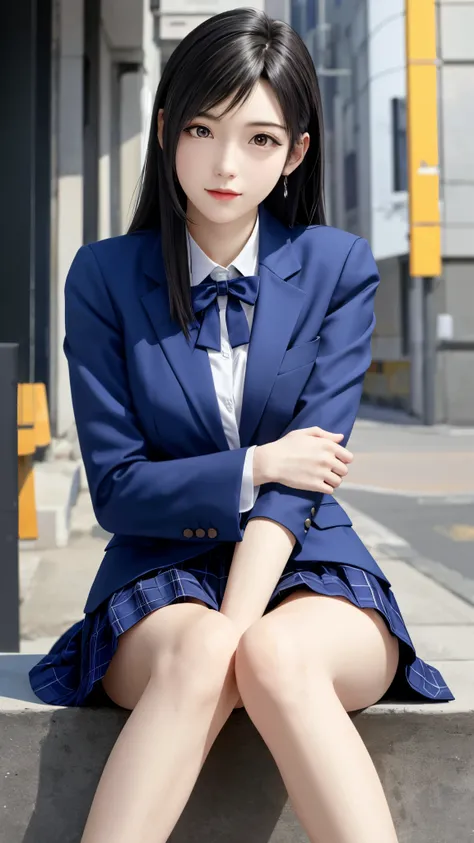 {top quality, 4k, masterpiece},{{{Realistic}}},wallpapers, BREAK {{{FF7,Tifa_lockhart,solo}}},{{{Japanese JK uniform, Navy Blue blazer, collared school shirt, long-sleeved, Navy Blue Plaid Pleated mini-Skirt, loafers}}},school bag,{{background big city, Sh...