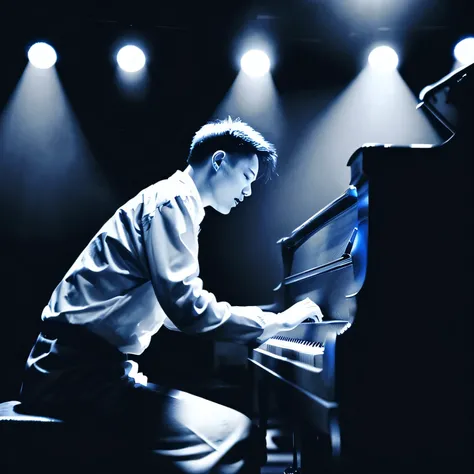 Man Playing the Piano。monochrome。jazz 。intense stage light。passion。Sense of urgency。green。shot from the side。