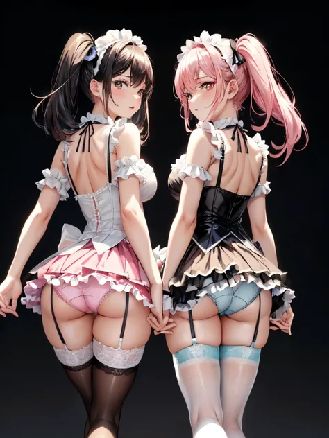 Two women wearing black and white French maid outfits are walking side by side through the city., by 2 person, skirt, skirtは後ろが短い, panties, underwear, (shiny light blue satin panties:1.3)、(shiny pink satin panties:1.3)、横紐レースpanties that cover the butt, emb...