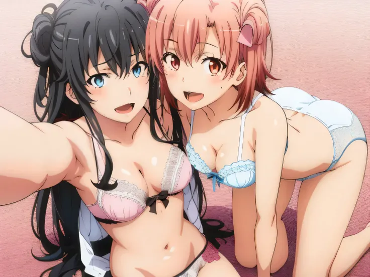 2 girls , Yukinoshita Yukino , yuigahama yui'the bust is amazing,In underwear,,,white silk panties,red ribbon on panties,light pink silk panties,pussy line,thighs,(high angle),beautiful eyes,open mouth smile,look at the camera,Put it on your head