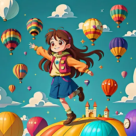 Girl with long brown hair，Put on your adventure clothes，helium balloon、Take a hot air balloon ride、Fly through the universe，dance（There is love）happy，surrounded by clocks，surrounded by love，logo，vector，line art，design，inspiration，straight line，cheap